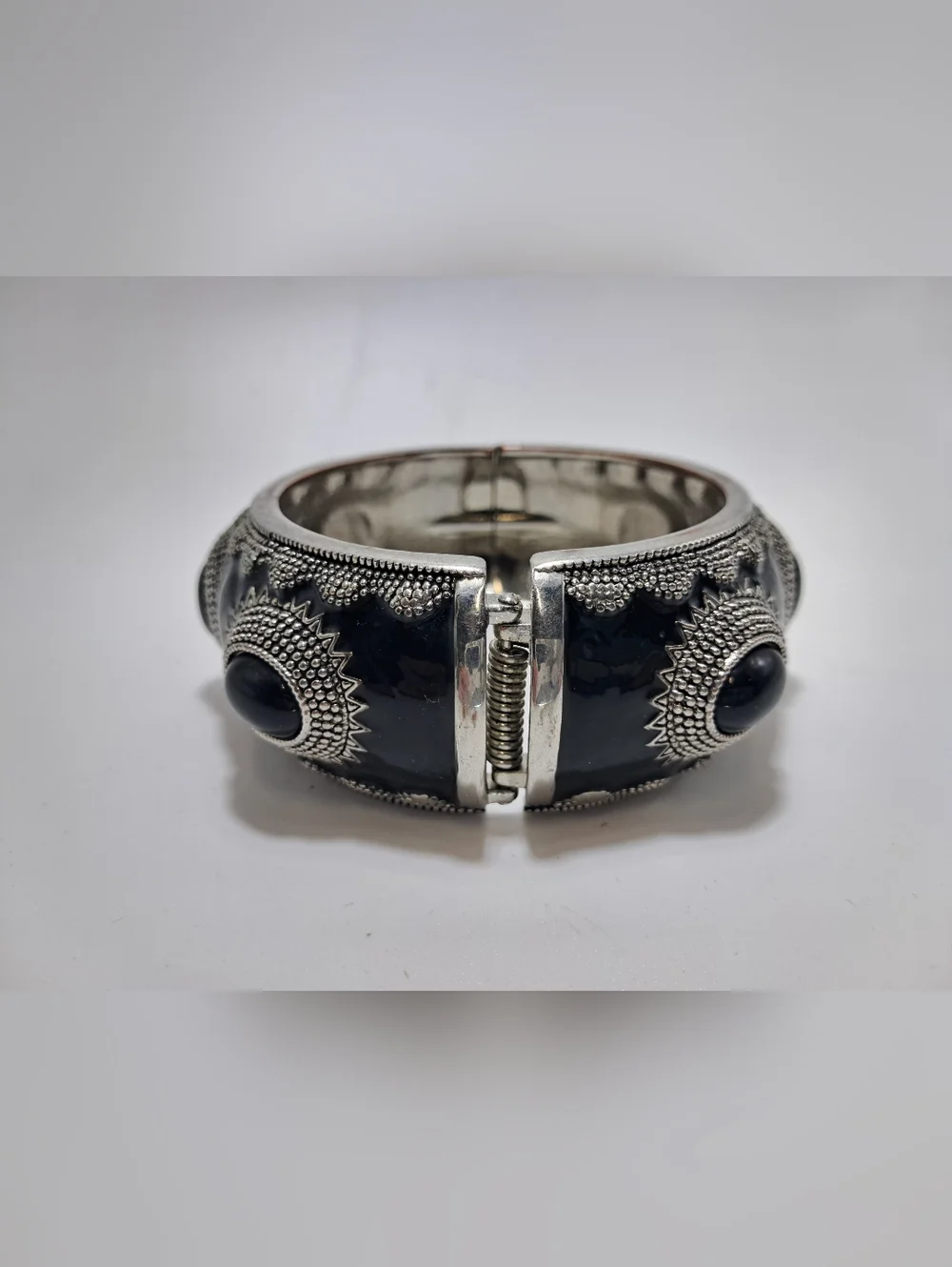 Black Stone Silver-Tone Accent Hinge Bangle Bracelet - Picture 5 of 5